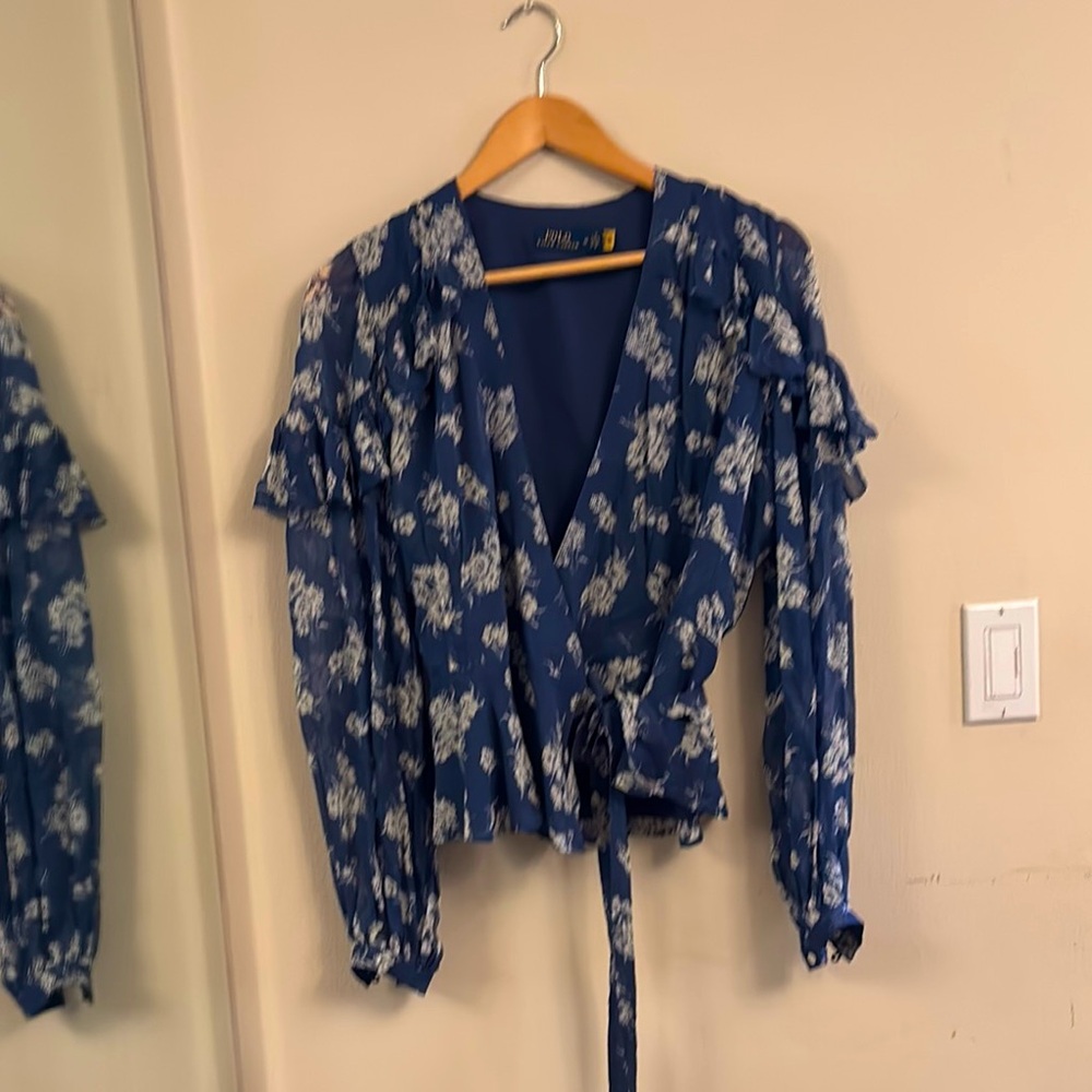POLO RALPH LAUREN Blue, floral Ruffled Wrap Blouse New never worn